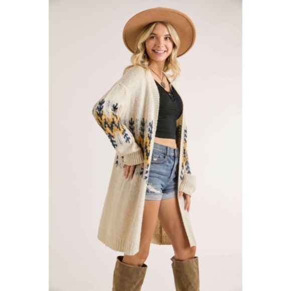 SOLD OUT Ivory Mustard Tribal Pattern Puff Sleeve Knit Cardigan Sweater Fall - Picture 6 of 7